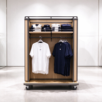 Présentoirs pour vêtements, cadre métallique gris, étagères en panneaux de bois, roulettes, tringle de suspension, CE ETL, vente en gros pour boutiques