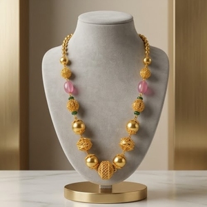 Collar Mala Antiguo de Plata 925 con Cuentas Rosas y Diseño de Bola Dorada, Joyería Hindú Étnica Tradicional para Mujer, Regalo de Boda - Product Image 4