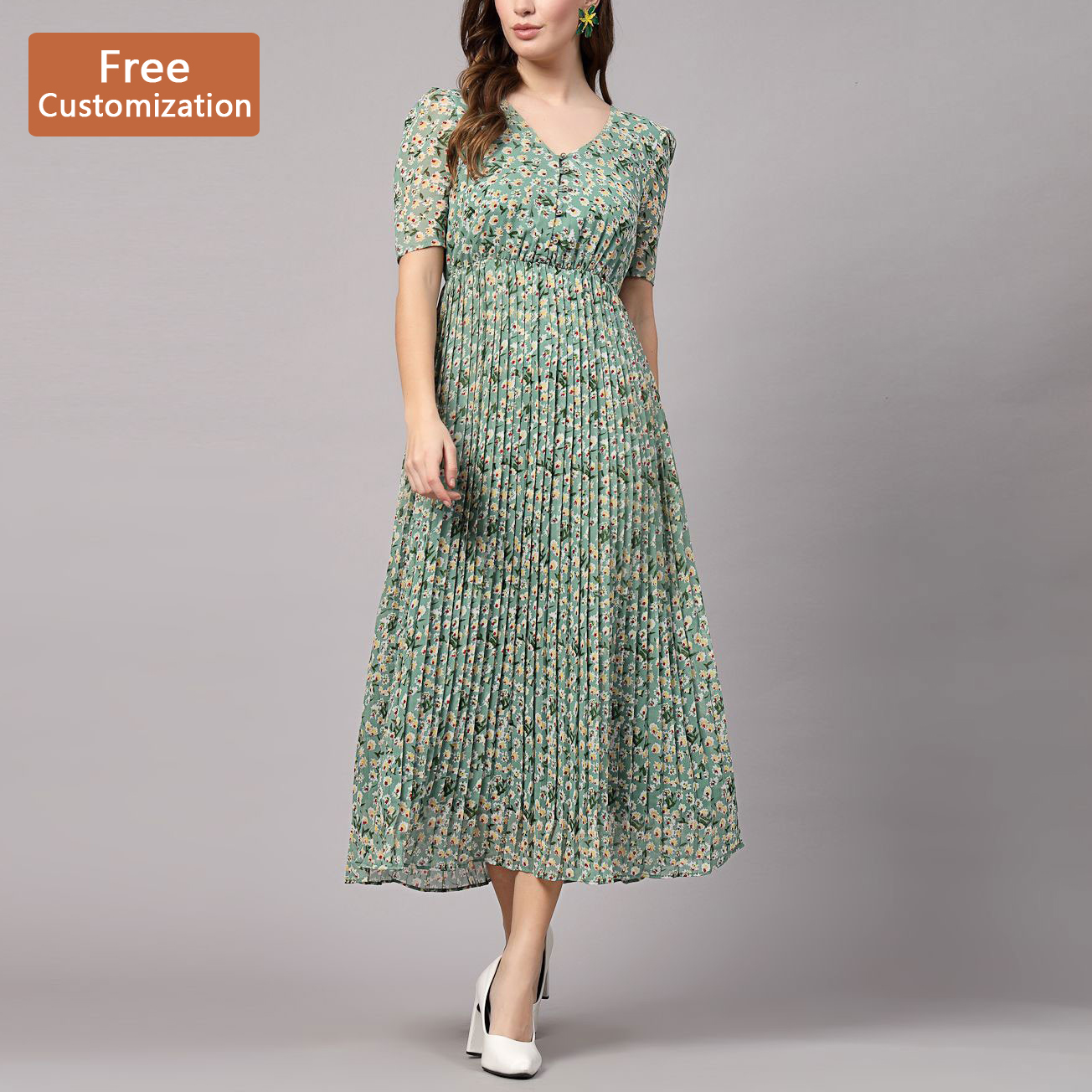OEM ODM Custom High Quality Sage Floral Casual Dress Wholesale Streetwear Digital Print Ladies Pleated Midi Dress Women Clothes
