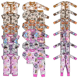 HuoRong ODM personalizado otoño Halloween niños niñas suave bambú pijamas Sleeper wear Zippy mameluco conjuntos para el hogar