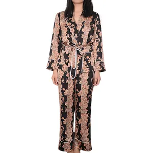 GuiXiu Palm Leaf Print Sleepwear Women's Summer Floral Print robe Top Pajamas Set
