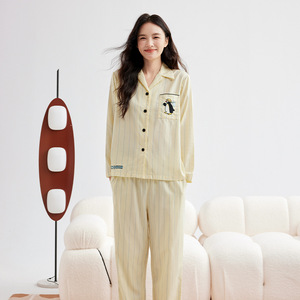 Traje informal <span class=keywords><strong>de</strong></span> otoño para <span class=keywords><strong>mujer</strong></span>, <span class=keywords><strong>pijama</strong></span> con estampado <span class=keywords><strong>de</strong></span> satén <span class=keywords><strong>de</strong></span> <span class=keywords><strong>pingüino</strong></span>, rayas verticales, Lyocell para Tencel, algodón, cintura elástica ODM - Product Image 1