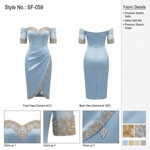 Robe fourreau longue bleu glace moderne et tendance, col cœur, jupe drapée élégante, ornée de perles de cristal en satin - Product Image 3