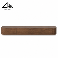 Meuble TV mural flottant moderne en bois massif finition noyer avec 4 tiroirs de rangement pour salon