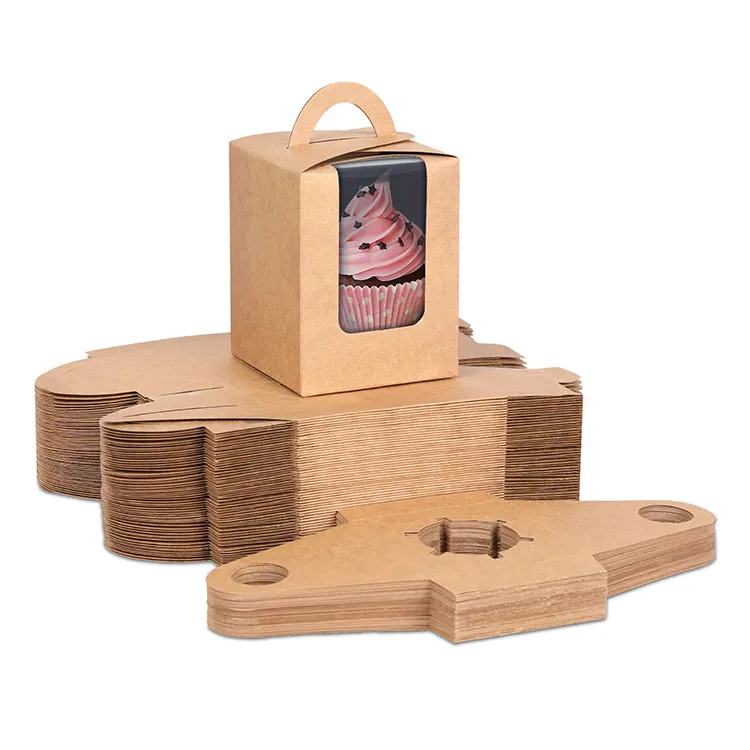 カスタム高級弁当カップケーキパッキングボックスシングルウィンドウカップケーキクラフト紙箱とハンドルトレイボックス付きパッケージ