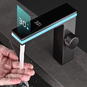 Grifo Mezclador de Lavabo con Pantalla Digital Inteligente y Luz Ambiental, Diseño Moderno, Latón, Un Solo Orificio, <span class=keywords><strong>para</strong></span> Baño - Product Image 2