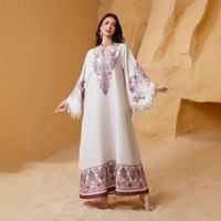 Robe musulmane élégante et luxueuse sur mesure, longueur cheville, en polyester respirant, à motif floral, col en V, manches longues, coupe ample, idéale pour l'été