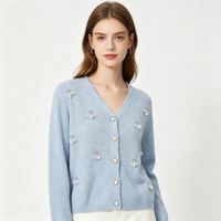 Cardigan en tricot bleu pour femme, col en V, manches longues, fait main, orné de perles, strass et sequins, pull de créateur, manteau en tricot ouvert sur le devant
