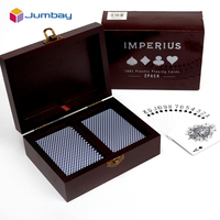 Jeu de cartes à jouer personnalisé de luxe à double jeu, 100 % plastique, avec boîte cadeau en bois foncé poli, cartes de poker étanches
