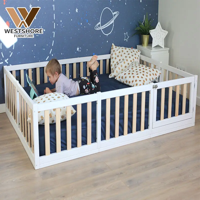 Белая напольная кровать Монтессори West Shore с реглами, детская кроватка, детская кроватка Монтессори, платформа для малышей, детская кроватка с ручкой, игровая комната
