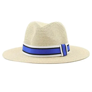 Unisex Panama <b>Hat</b> White <b>Straw</b> Fedora With Blue Striped Band Beach Summer Accessory - Product Image 3