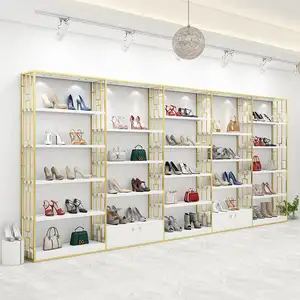 Women Bag Shoes Furniture Decoration 5 Layer Gold Metal Shoes Display Rack for Retail Shop Clothes Shop Interior Design