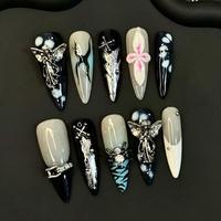 Laisense Faux Ongles à Presser Faits Main, Longs Stiletto, avec Breloques Métalliques 3D Croix Angélique Gothique, Style Punk Y2K Ins Luxe, Réutilisables