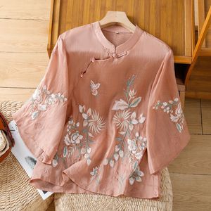 Women's Chinese Style Embroidery Shirt Cotton Linen Stand Collar Three Quarter Sleeve Top Spring Summer Traditional Clothing - Product Image 2