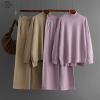 Ensemble deux pièces Lumos : Pull élégant pour femme, hauts en tricot, ensemble pantalon deux pièces pour l'hiver, couleur unie, tricot ample décontracté