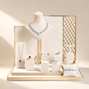 Ensemble de présentoirs à bijoux en velours crème et métal doré Zebopak de luxe pour collier, boucles d'oreilles, bague, collection de Noël, vente en gros - Product Image 3