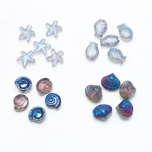 Zhubi Blue Luster Glass Beads Mix 20pcs Fish Starfish Shell Volute Ocean Style Crystal Loose Beads for Jewelry Making DIY Crafts