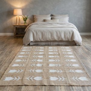 Alfombra de paja de trigo neutra, tapete trenzado decorativo para dormitorio con diseño de flechas - Product Image 3
