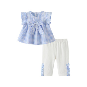 All'ingrosso tuta da bambina estiva senza maniche per <span class=keywords><strong>bambini</strong></span> pantaloni con fiocco a quadri Set 2 pezzi di abbigliamento moda per <span class=keywords><strong>bambini</strong></span> - Product Image 2