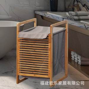 <b>Bamboo</b> fabric laundry <b>basket</b> for bathroom use, <b>bamboo</b> frame, Oxford cloth storage rack with movable handles and frame. - Product Image 4