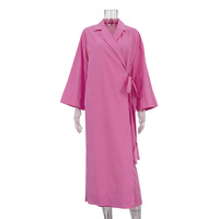Robe Coton Rose Ample Décontractée, Pyjama Chic Col Revers Manches Longues Longueur Cheville, Robes Élégantes à Lacets pour Femme