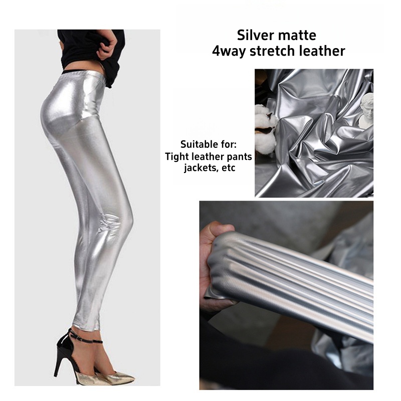 Matte Silver Leather Fabric Four-way Stretch Imitation Leather Sweat-wicking Pants Lambskin Synthetic Leather PU Clothing Fabric