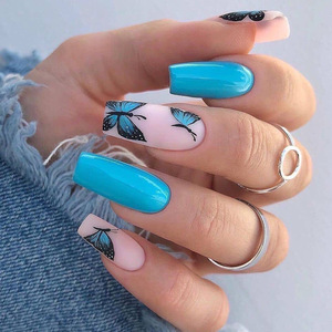 Appuyez sur les fournitures pour ongles en gros moyen papillon <span class=keywords><strong>faux</strong></span> ongles 24 pièces français <span class=keywords><strong>bleu</strong></span> <span class=keywords><strong>ciel</strong></span> acrylique amande ongles pour femmes et filles - Product Image 1