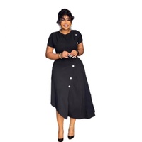 Robe midi noire à manches courtes avec boutons et fente avant, idéale pour les réunions de bureau, les dîners romantiques et les soirées élégantes.