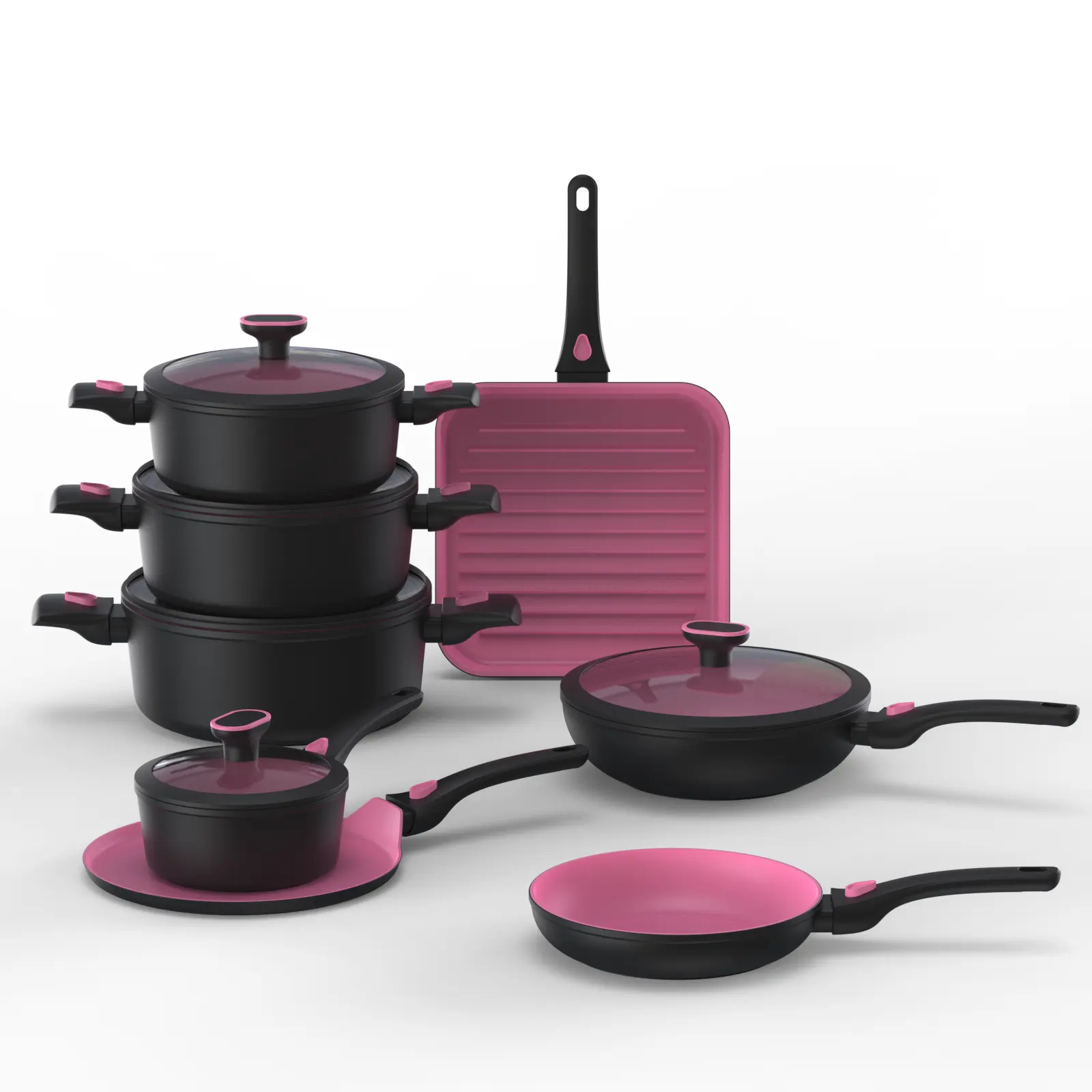 New design forged aluminum cookware set with removable handle silicone lid nonstick fry pan