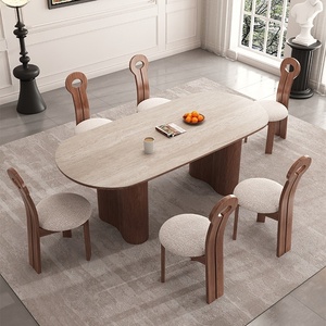 Pháp Retro rắn gỗ bàn ăn với giữa thế kỷ phong cách thiết kế hình bầu dục travertine Đá Bàn ghế cho căn hộ nhỏ - Product Image 3