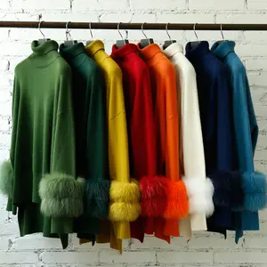 Высококачественная тонкая водолазка сплошной цвет причудливый меховой манжеты вязаный свитер Зима