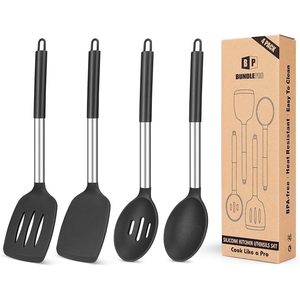 4-Piece Silicone Stainless Steel Cooking Utensils <b>Set</b> Heat Resistant Non-Stick BPA Free Dishwasher Safe - Product Image 1