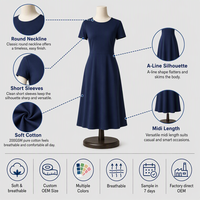 Robe midi en gros, en coton doux, col rond, manches courtes, pour femme, bleu marine, style nautique décontracté, avec logo personnalisé, OEM