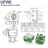 Conector de Audio PJ317 de 3.5 mm, Clavija de 5 Pines, Conector Hembra para Auriculares de un Solo Núcleo