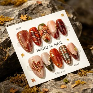 Uñas postizas de almendra para otoño/invierno, 30 piezas, con diseño 3D de flores degradadas, efecto manchado, cuadros y lámina dorada, para manicura DIY moderna. - Product Image 5