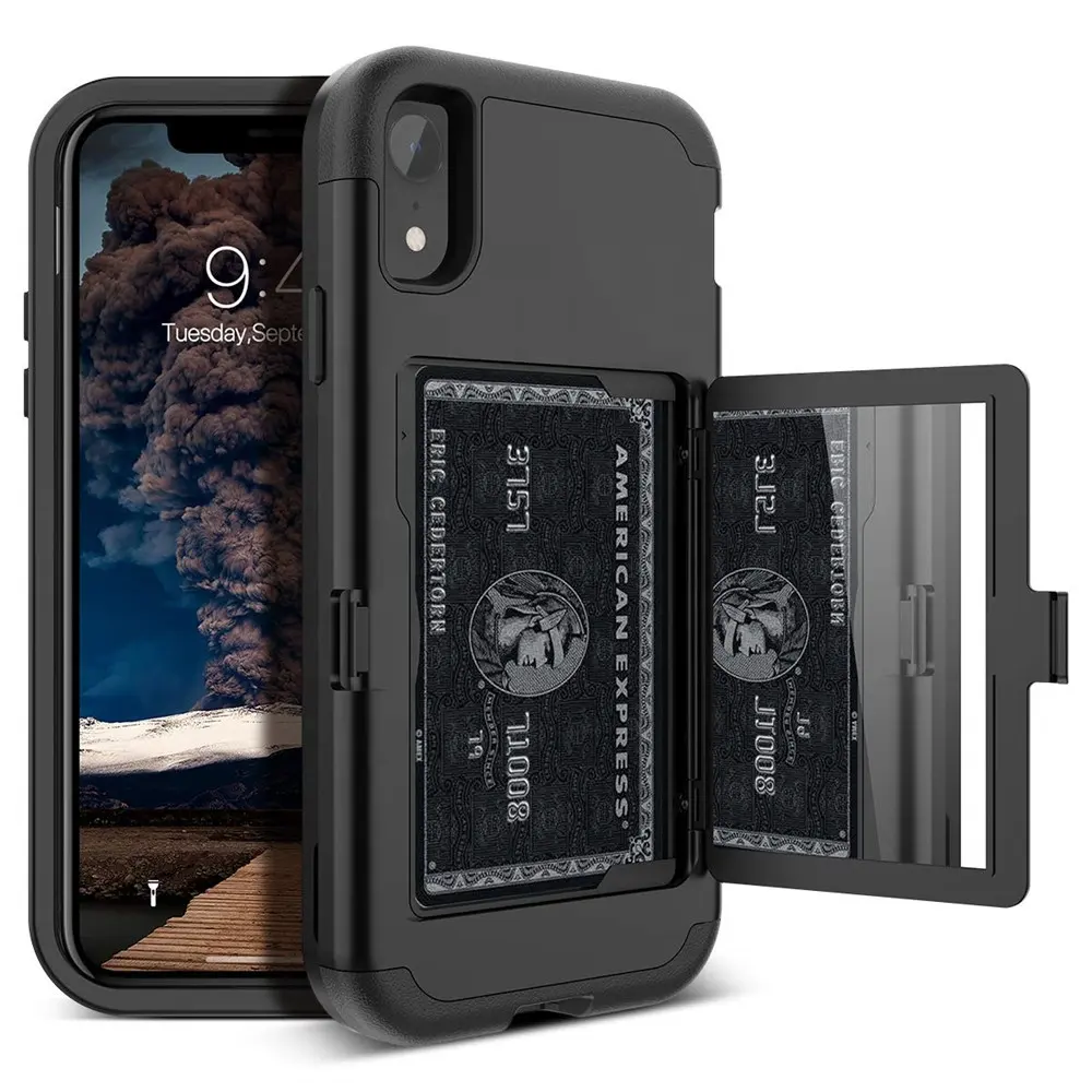 Para iPhone Xr cartera caso diseño con escondidos en el espejo y titular de la tarjeta de servicio pesado protectora a prueba de golpes para iPhone Xs.