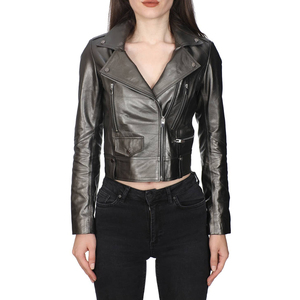 Veste en cuir pour femme, coupe slim, grande taille, col rabattu, style motard, haute qualité, tendance - Product Image 1