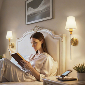 European Style <b>Wall</b> Lamp Copper Body White Shade LED <b>Light</b> Source <b>Wall</b> Mounted For Bedroom Living Room Reading Decor - Product Image 1