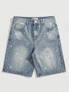 DiZNEW <span class=keywords><strong>Short</strong></span> <span class=keywords><strong>en</strong></span> jean pour homme à strass et perles, délavé clair, taille mi-haute, fabricant de <span class=keywords><strong>jeans</strong></span> de qualité supérieure - Product Image 1