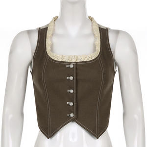 Chaleco de Punto Corto con Cuello Cuadrado para Mujer, con Ribete de Encaje, Botones en la Parte Delantera, Chaleco sin Mangas, Cárdigan - Product Image 4