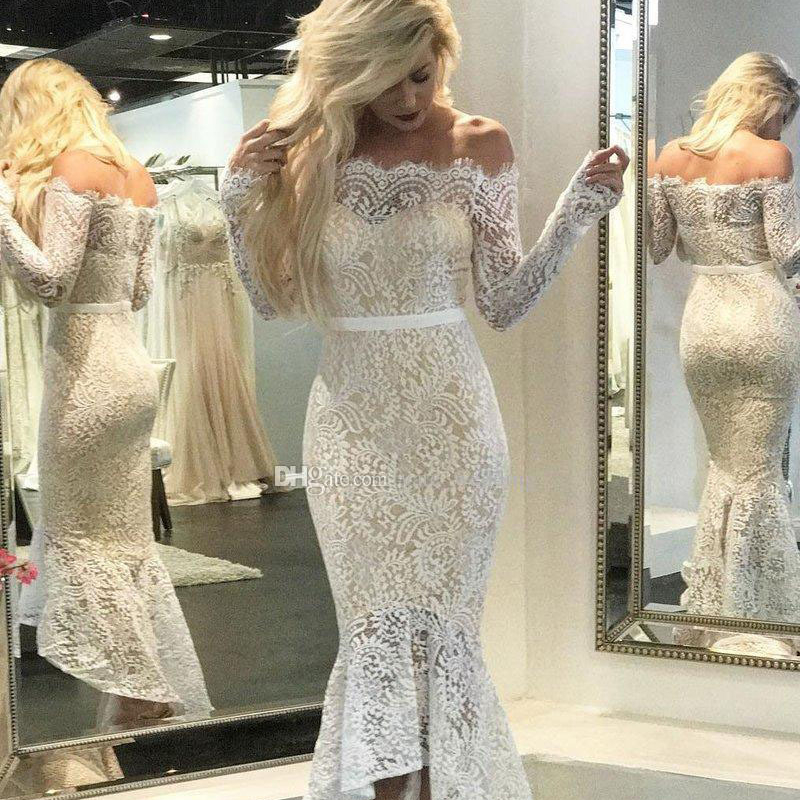 Slash Neck Slim Lace Fishtail Dress Party Women Elegant Long Sleeve Embroidered White bodycon Dresses Woman Evening Bride Smaid
