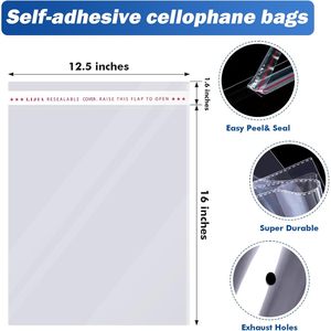 Sacs en cellophane transparents refermables de grande taille 12x16 pouces, 200 pièces, pour l'emballage de produits, sacs cadeaux auto-adhésifs, plastique auto-adhésif - Product Image 4