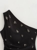 Meilleure Vente : Robe Plissée Sans Manches pour Femme, Coupe Ajustée, Sexy, Épaule Unique, Dos Nu, Ornée de Perles, Design Plissé Irrégulier, Fermeture Éclair Latérale