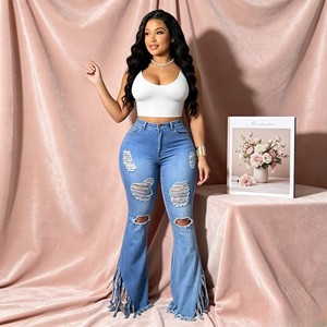 7.5 Dollars AL006 <strong>Women</strong> High <strong>Waist</strong> Ripped Flare <strong>Jeans</strong> Fringe Hem Stretch Denim Pants Ladies Distressed Bell Bottom <strong>Jeans</strong> - Product Image 3