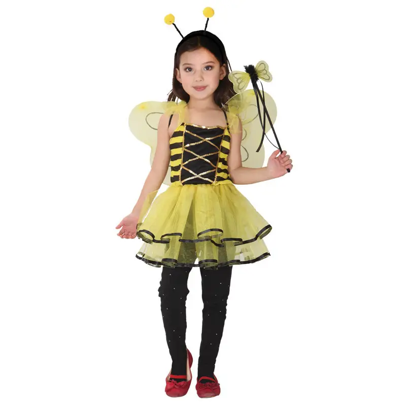 ฮาโลวีน Carnival เครื่องแต่งกายเด็กสาวกระโปรงแขนกุดสีเหลือง Bumble Bee เครื่องแต่งกายพร้อมแถบคาดศีรษะปีกชุดเด็กประสิทธิภาพ