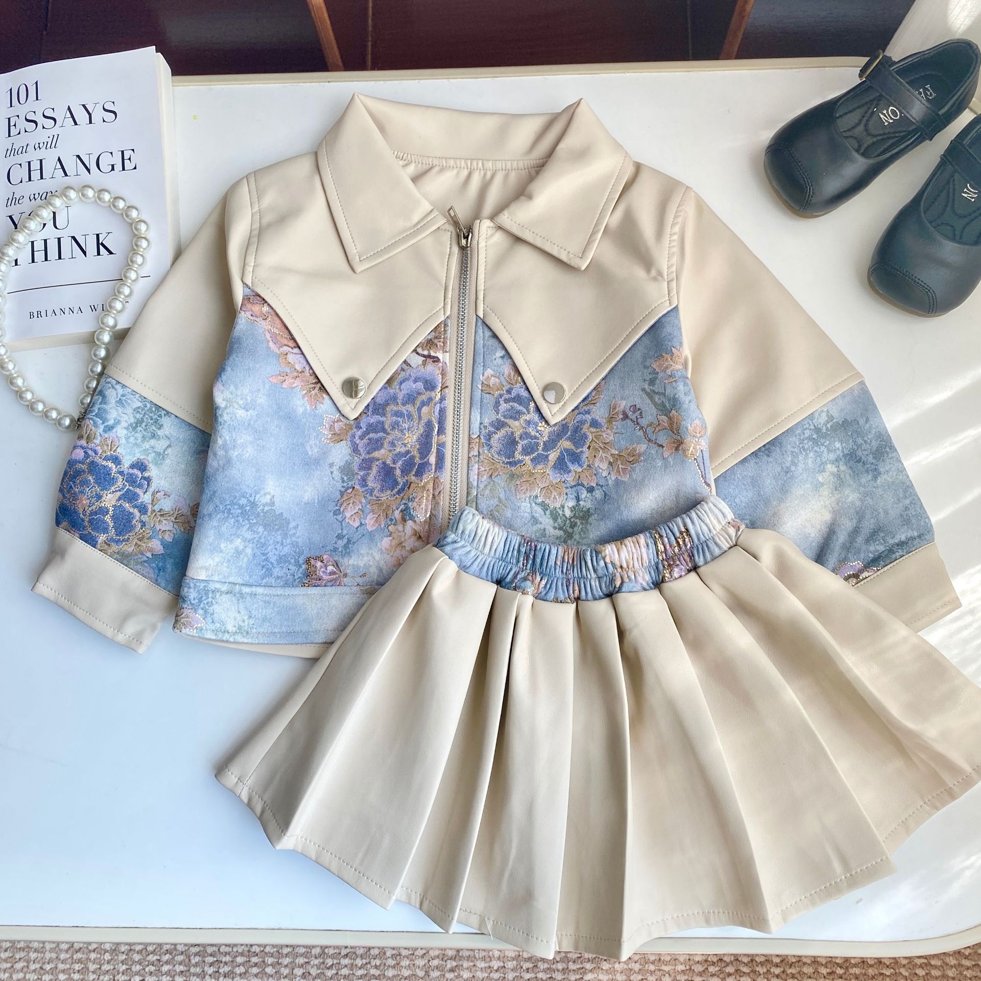Beige floral leather