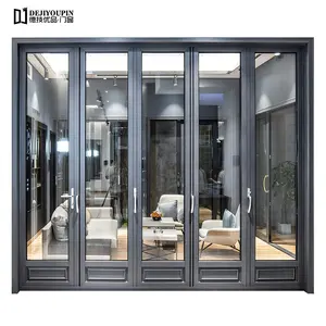 铝制双钢化玻璃外部双旧门现代手风琴门设计，用于庭院滑梯和堆叠
