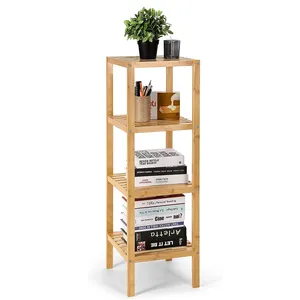 4Tier Bamboo Bathroom Shelf Multifunctional Bookshelf Plant Stand Tower Free Standing Rack Storage Organizer Unit for Livingroom