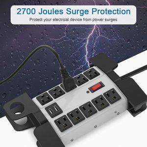 Regleta de alimentación industrial de pared con 10 tomas de CA, resistente, con puertos USB, protector contra sobretensiones de 2700J, cable de extensión de 5 pies, enchufe gris - Product Image 5