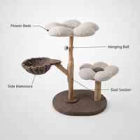 Arbre à chat en bois massif et lin avec plateformes en peluche en forme de fleur et poteau à gratter en corde de jute pour chats